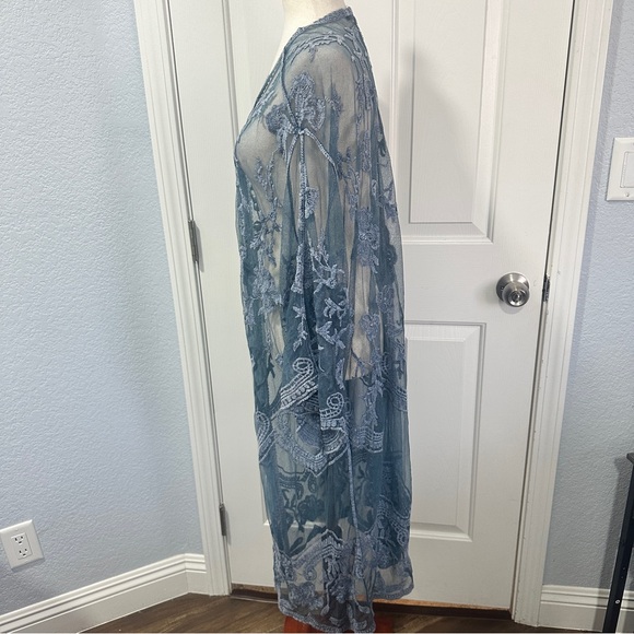 The Shabby Tree Women Blue Sheer Lace Open Front Long Kimono Cardigan Plus O/S - Picture 5 of 13